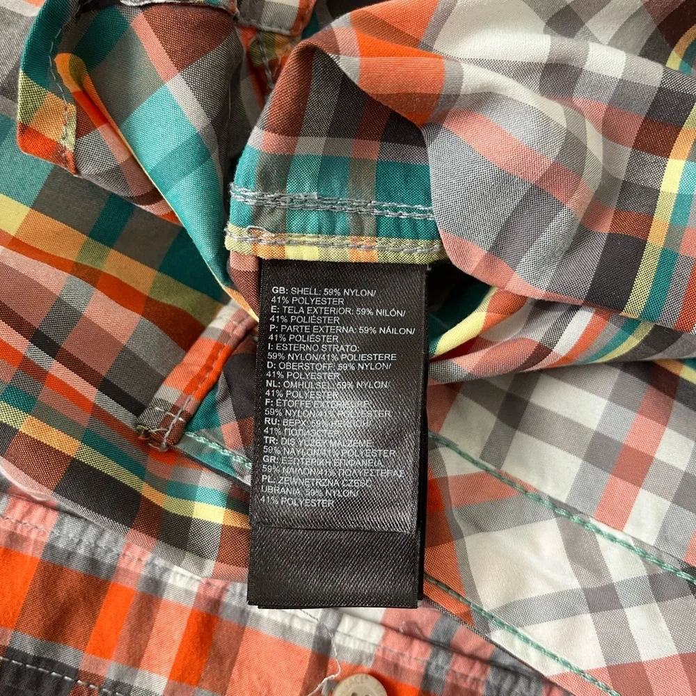 The North Face Mens Large Short Sleeve Button Up Orange Green Yellow White Plaid
